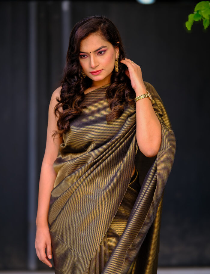 Sunheri Saaya organza saree richly woven with golden zari