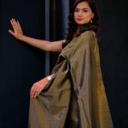Sunheri Saaya organza silk saree with gold zari border