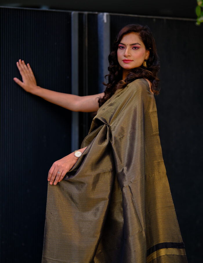 Sunheri Saaya organza silk saree with gold zari border