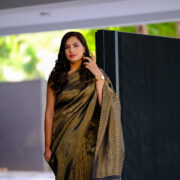 Sunheri Saaya organza saree featuring metallic zari border