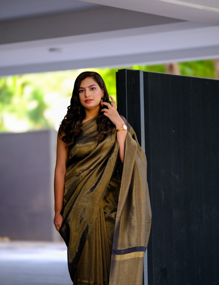 Sunheri Saaya organza saree featuring metallic zari border
