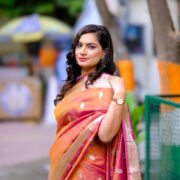 Traditional silk saree from Banaras with shimmering zari border.