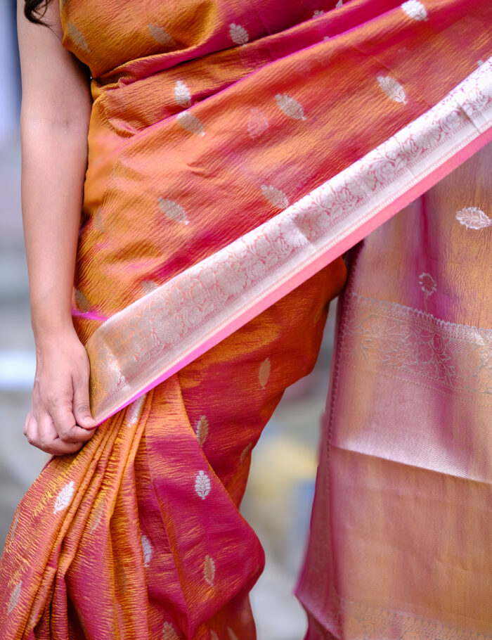 DSCF0878 Silk saree woven in Banaras with decorative zari border designing.