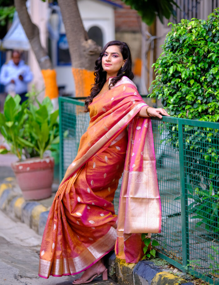 DSCF0882 Luxurious Banarasi silk saree highlighting a gold zari border.