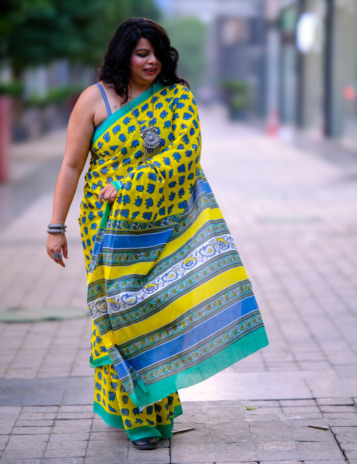 DSCF1026 Bagru block print mul cotton saree with floral pattern