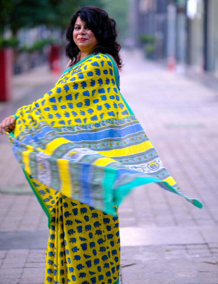 DSCF1031 Traditional Bagru print cotton saree with sunflower motif