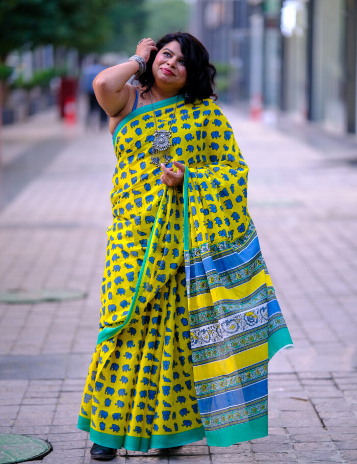 DSCF1033 Light mulmul cotton saree, Bagru sunflower design