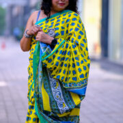 Handcrafted Bagru print cotton saree with Surajmukhi design