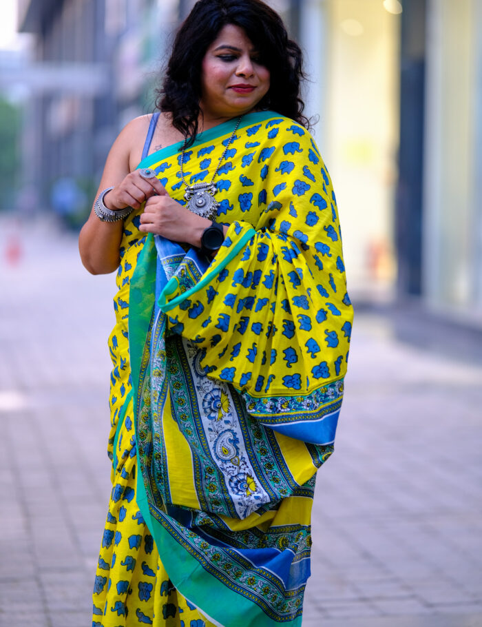 DSCF1044 Handcrafted Bagru print cotton saree with Surajmukhi design