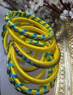 Yellow & Blue Silk Thread Kundan Bangles (Set of 10)