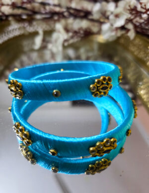Sky Blue Silk Thread Kundan Bangles (Set of 2)