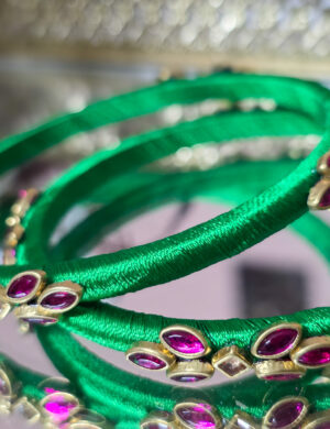 Green Silk Thread Kundan Bangles (Set of 2)