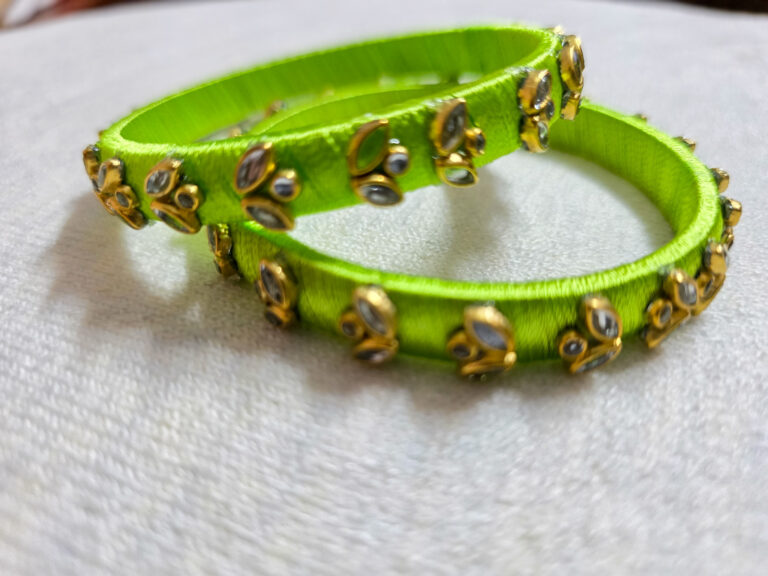 Light Green Silk Thread Kundan Bangles (Set of 2)