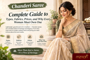 Chanderi saree by Mznari showcasing the lightweight, semi-sheer fabric and traditional