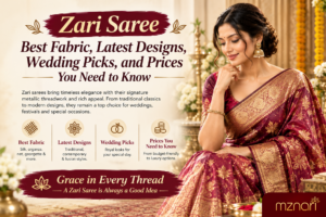 Zari saree by Mznari showcasing shimmering metallic zari work and traditional Indian