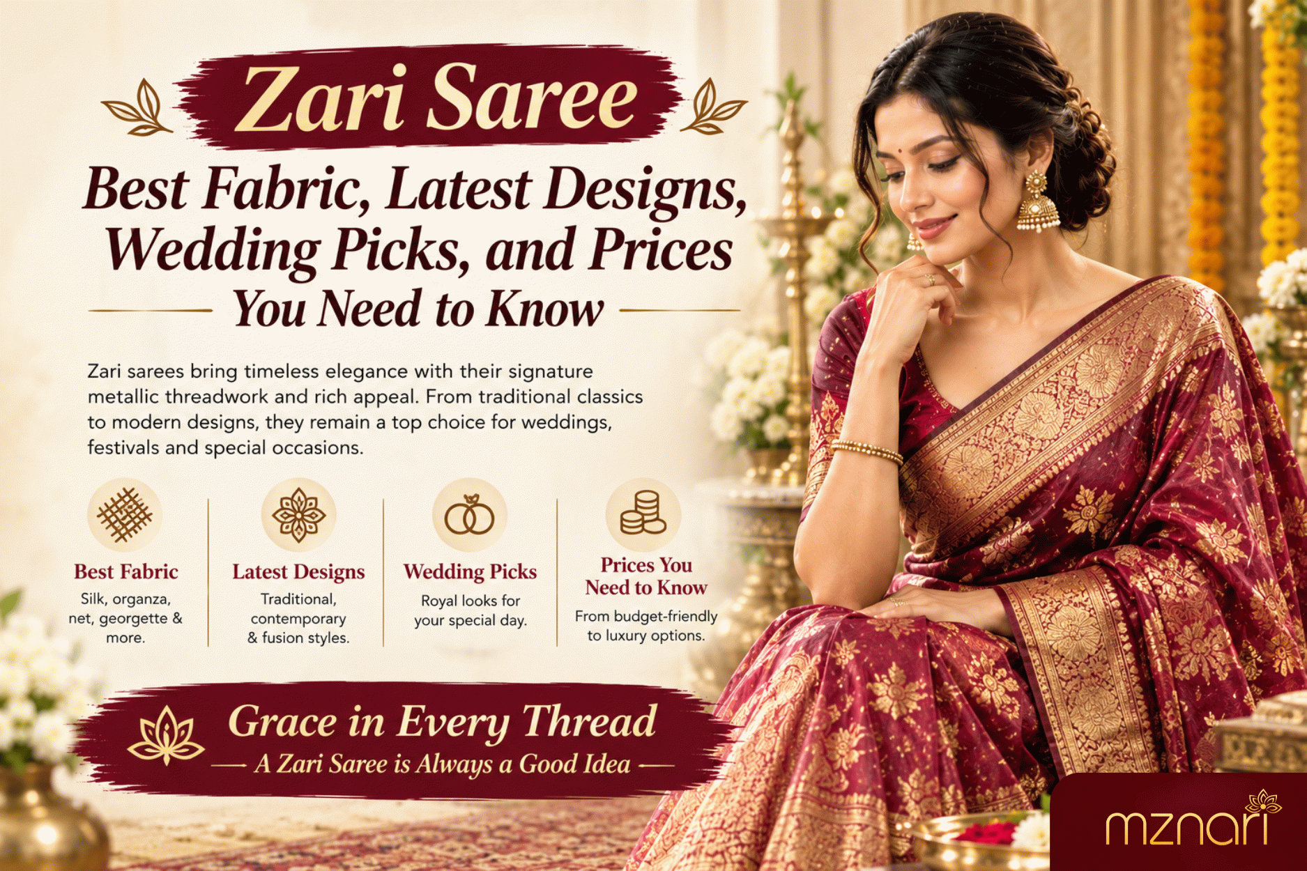 Zari saree by Mznari showcasing shimmering metallic zari work and traditional Indian