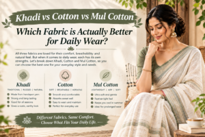 Khadi vs cotton vs mul cotton comparison chart showing fabric benefits for daily wear alongside a woman wearing a light cotton saree