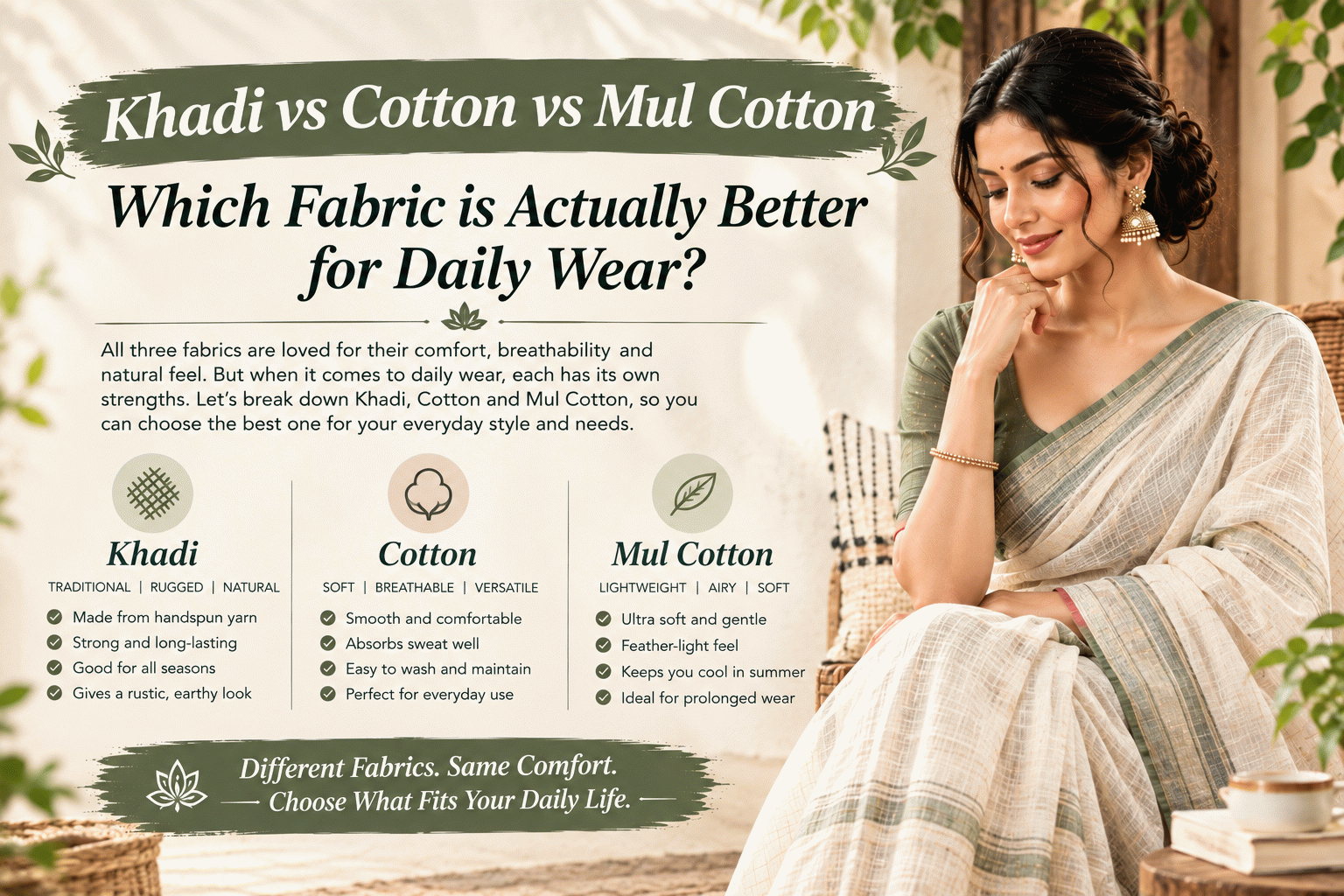 Khadi vs cotton vs mul cotton comparison chart showing fabric benefits for daily wear alongside a woman wearing a light cotton saree
