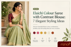 elaichi colour saree with contrast blouse