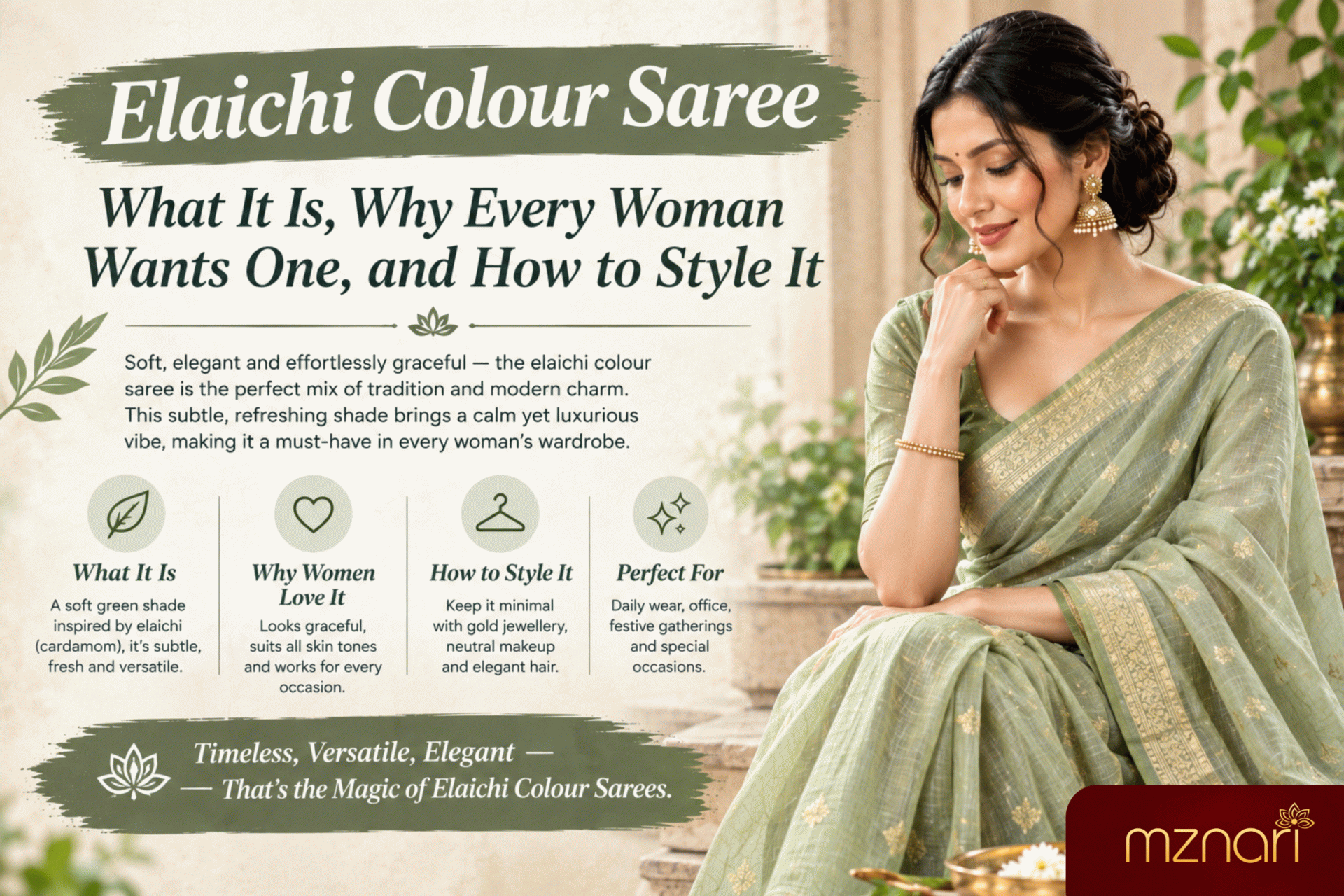 Elaichi colour saree in soft cardamom green – Mznari by Manaris cotton silk saree styling guide