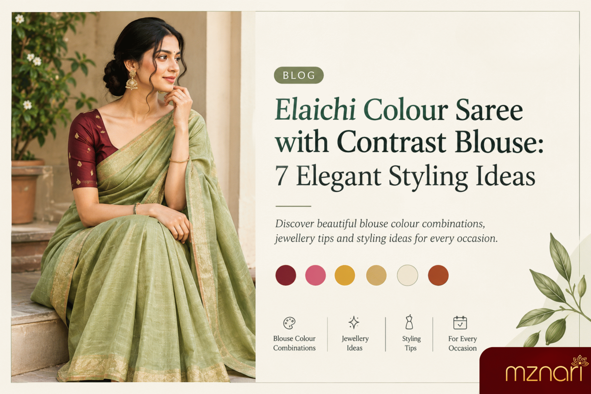 elaichi colour saree with contrast blouse
